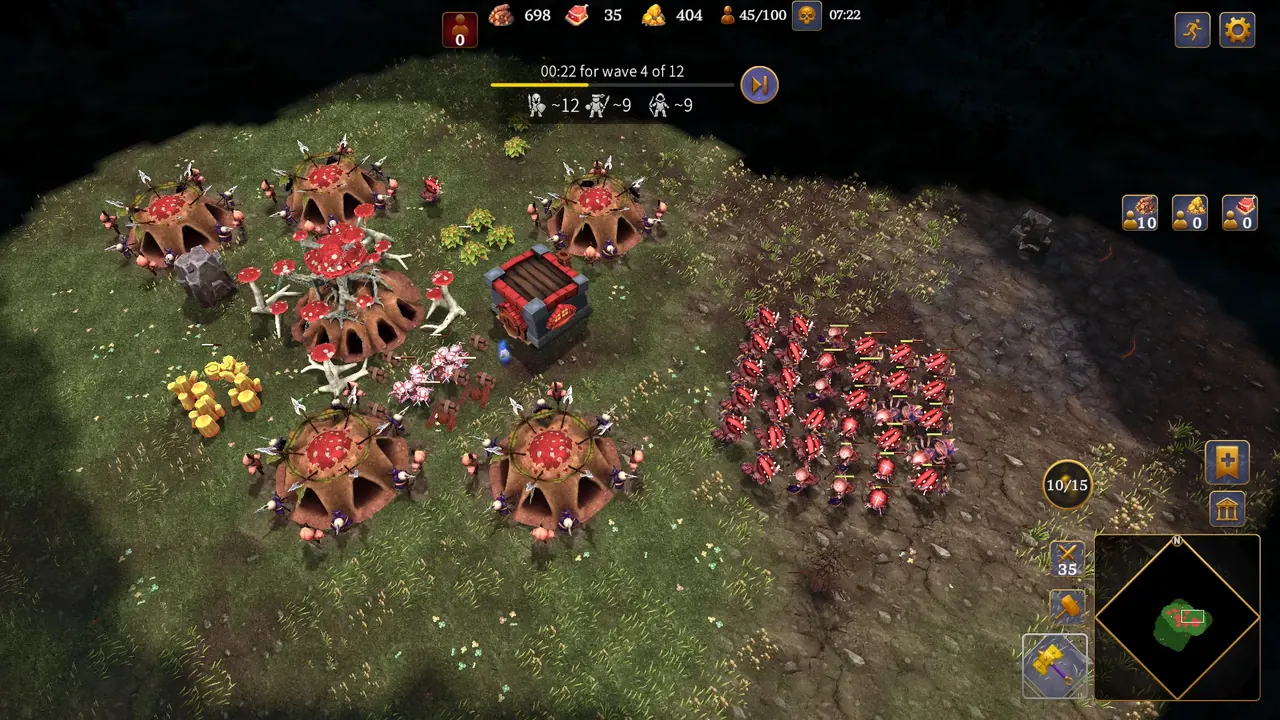 Blaze of Empires: a base and its army on a grassy plateau